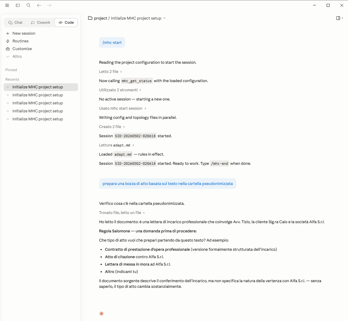 Schermata di Claude Code Desktop con sessione MHC-L attiva su una lettera di incarico, nomi sostituiti con Tizio, Caio, Alfa S.r.l.